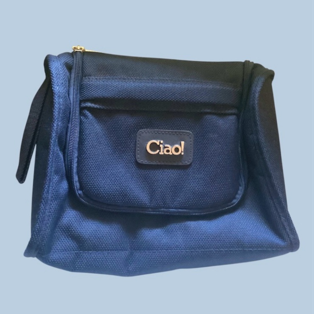 Ciao! Vintage 1980s Navy Blue Toiletry Bag – Spacious, Hanging Hook, Mirror
